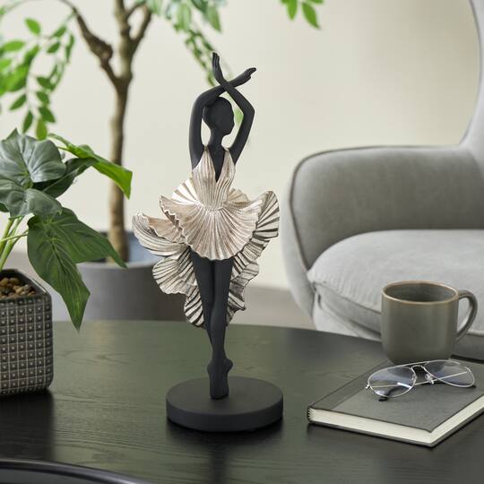 17" Black Polystone Dancer Ballerina Decorative Sculpture with Silver Dress